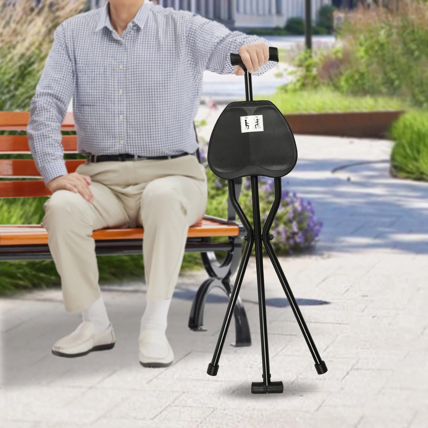 Portable Folding Walking Cane with Tripod Chair Seat Stool Heavy Duty Adjustable Walking Stick with Seat Folding