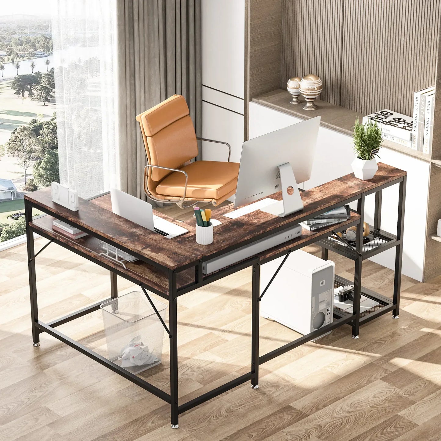 Tribesigns 69 Inch L Shaped Desk with Monitor Stand Large Reversible Corner Desk with Storage Shelf Industrial Computer Table