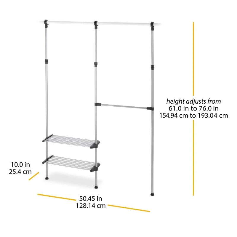 2 Shelf , 2 Rod Closet System , Adjustable Steel Closet Organizer, 10" x 50.45" x 61"