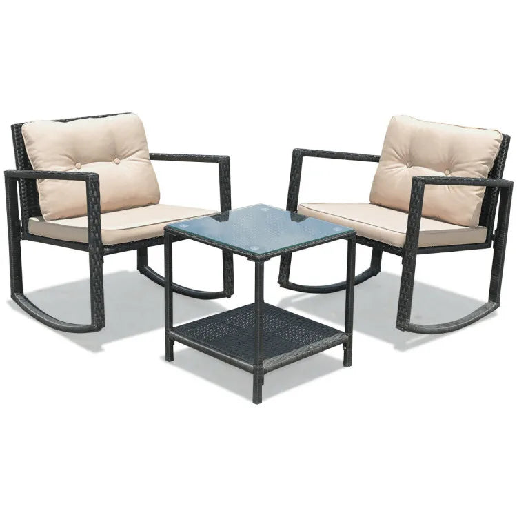 3pcs/Set Cushioned Patio Rattan Rocking Chair Table Set Sturdy Frame Exquisite Rattan Rocking Design Chair Outdoor Furniture Set