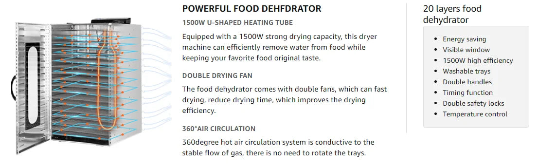 Stainless Steel Food Dehydrator 20 Trays Commercial Dehydrators Dryer for Fruit, Meat, Beef, Jerky, Herbs with Adjustable Timer