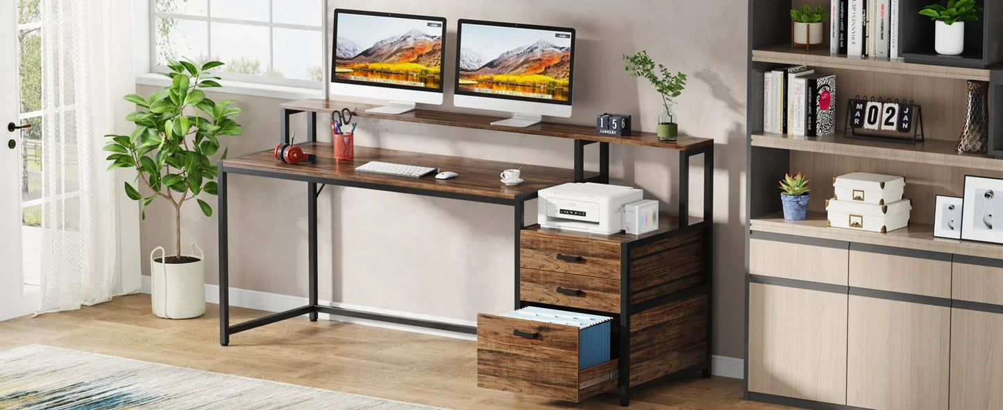 Tribesigns 63 Inch Computer Desk with File Drawer Cabinet, Ergonomic Office Desk with Monitor Stand, Industrial Computer Table