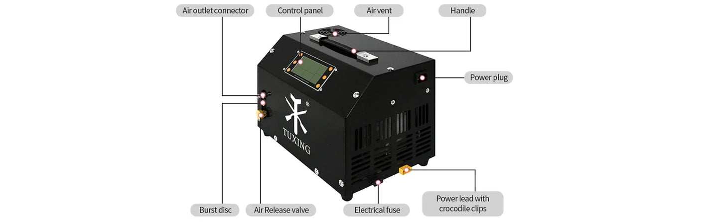 TUXING TXET063 4500Psi 300Bar 12V PCP Air Compressor LCD Display Digital Control Auto-Stop with 12V Transformer PCP Scuba Tank