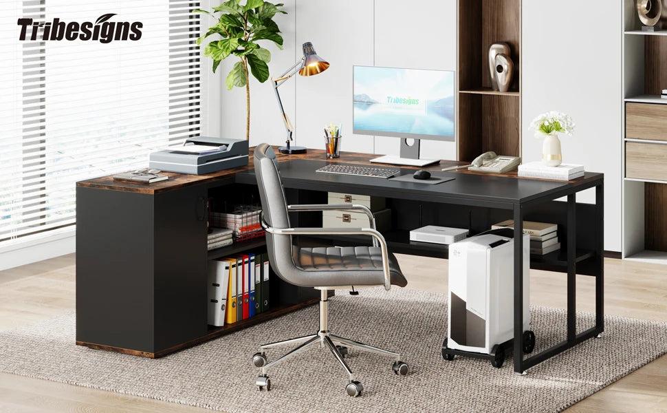 Tribesigns 71 inch Executive Desk, L Shaped Desk with Cabinet Storage, Executive Office Desk with Shelves