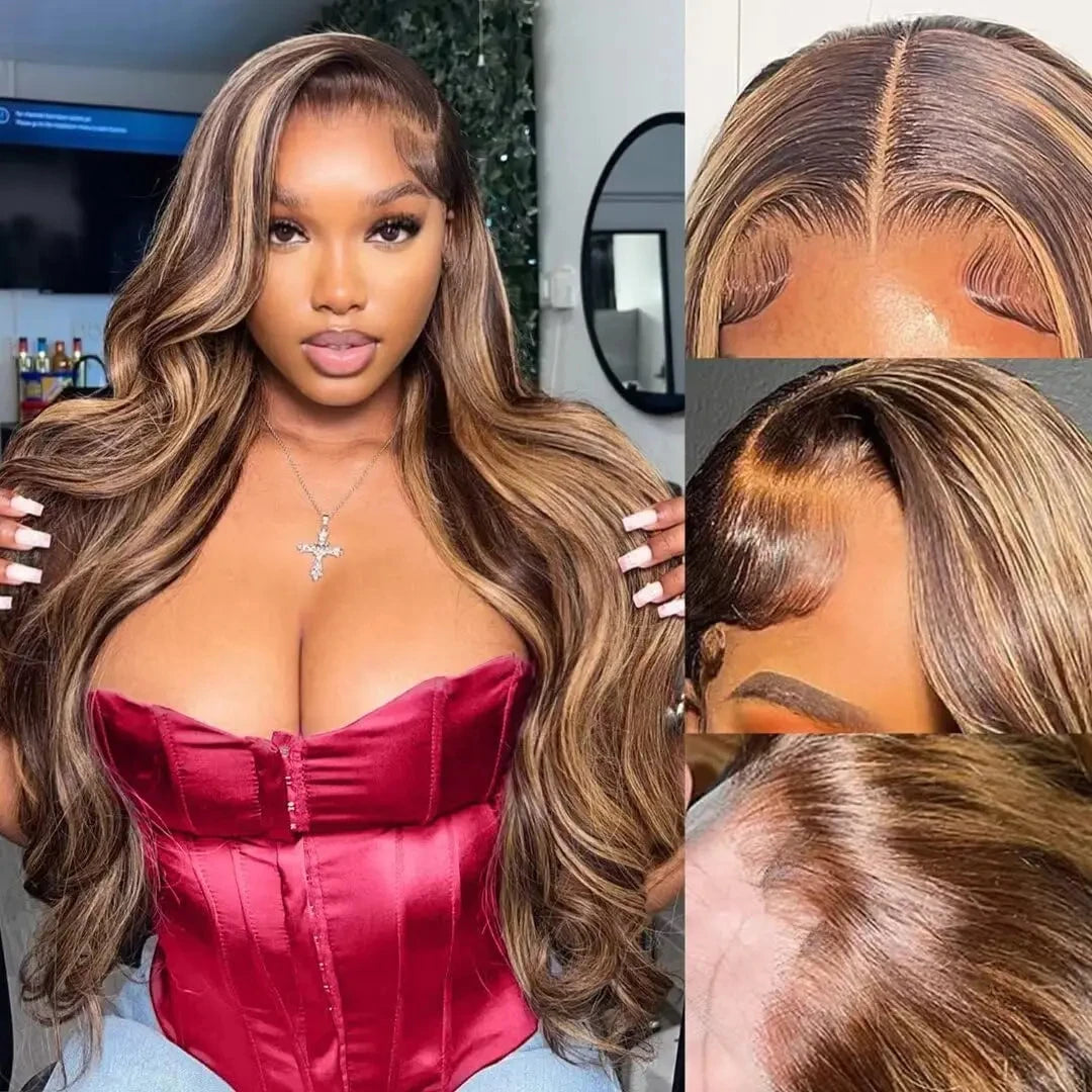 Highlight Body Wave Wig Human Hair 13x4 HD Lace Front Human Hair Wigs For Women Honey Blonde  Transparent Lace Frontal Wig