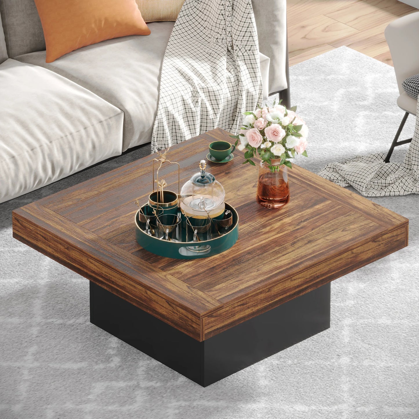 Tribesigns Coffee Table Square LED Coffee Table Engineered Wood Low Coffee Table for Living Room Rustic Brown & Black