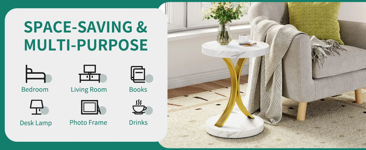 Round Side Tables,Glass End Tables with Faux Marble Top old Coffee Tables with Modern Style, for Living Room,Small End Table