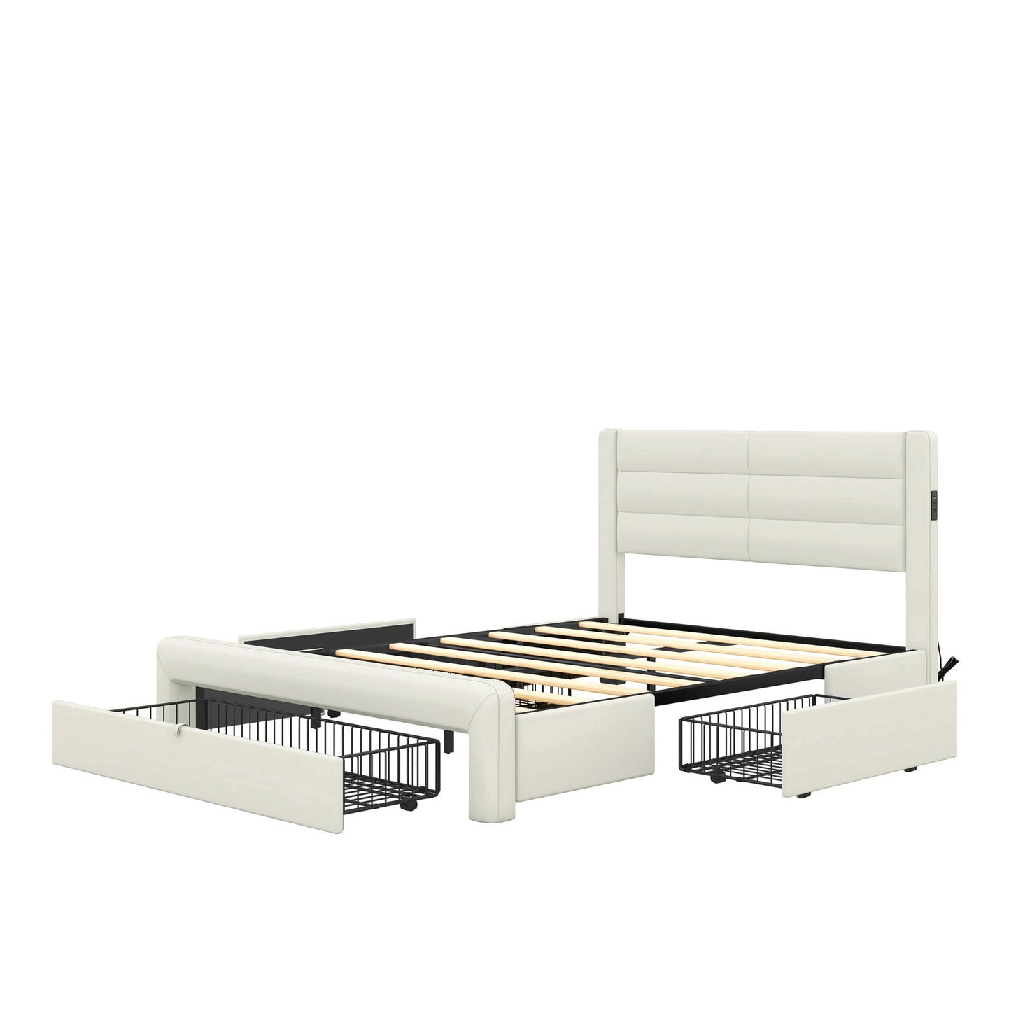 Queen Size Bed Frame with Drawers Storage, Leather Upholstered Platform Bed with Charging Station