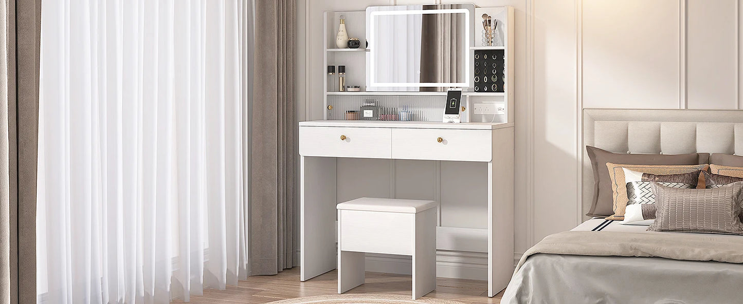 Vanity Desk with Mirror and Lights Dressers 2 Drawers Storage Bench White Makeup Table 3 Light Modes for Bedroom Dressing Room