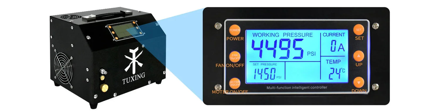 TUXING TXET063 4500Psi 300Bar 12V PCP Air Compressor LCD Display Digital Control Auto-Stop with 12V Transformer PCP Scuba Tank