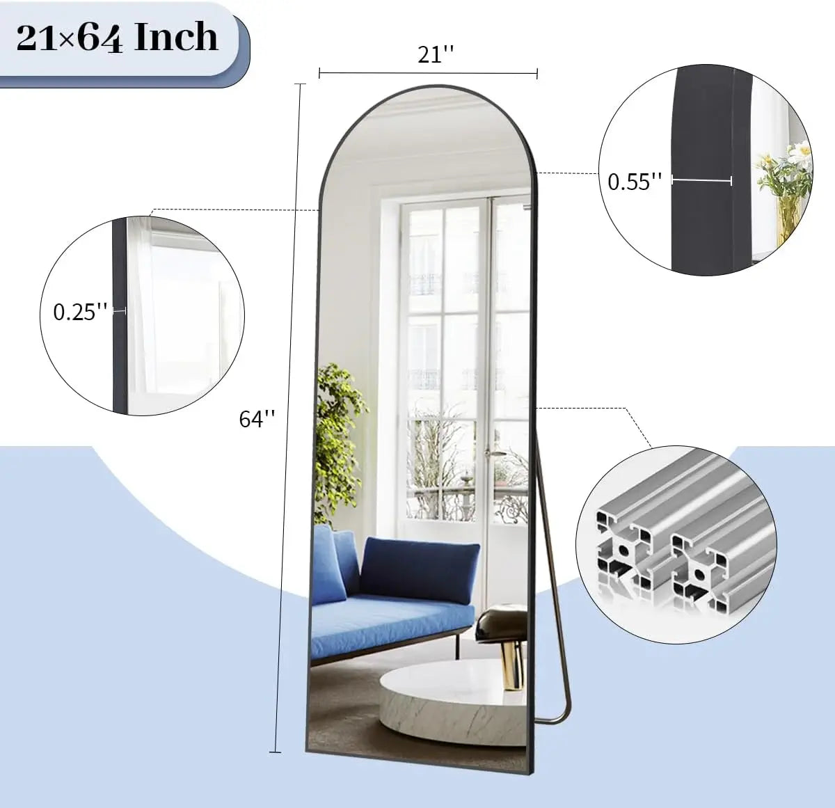 64"x21" Arch Floor Mirror, Full Length Mirror Wall Mirror Hanging or Leaning Arched-Top Full Body Mirror with Stand for Bedroom