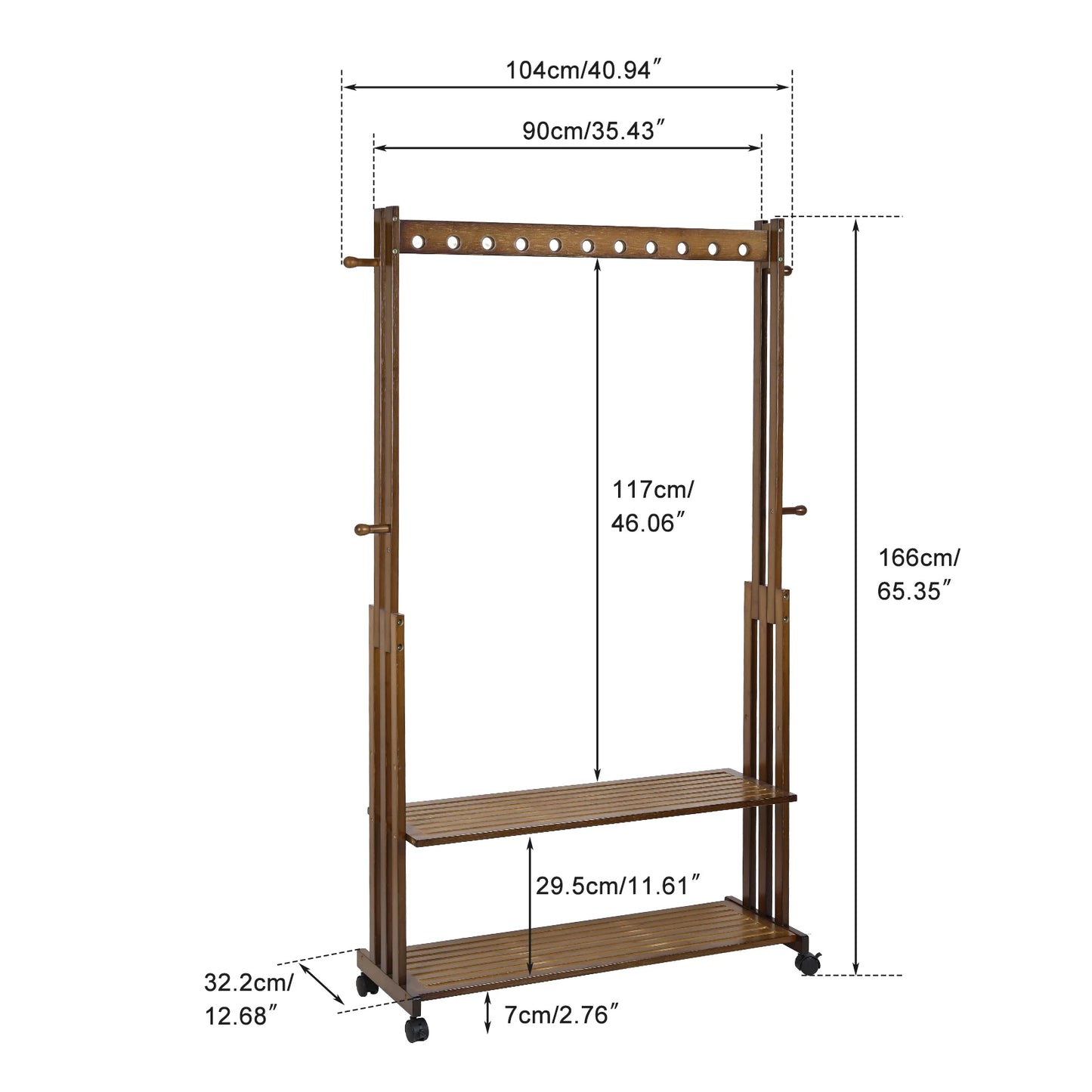 Vintage Heavy Duty Wooden Clothes Stand Freestanding Rack Shelf Home Bedroom Hallway Entryway Bamboo Hanging Rail Shoe Storage