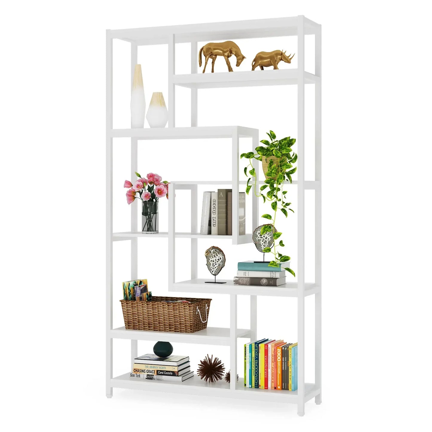 Tribesigns 8 Shelves Staggered Bookshelf White Morden Wooden Industrial Etagere Bookcase