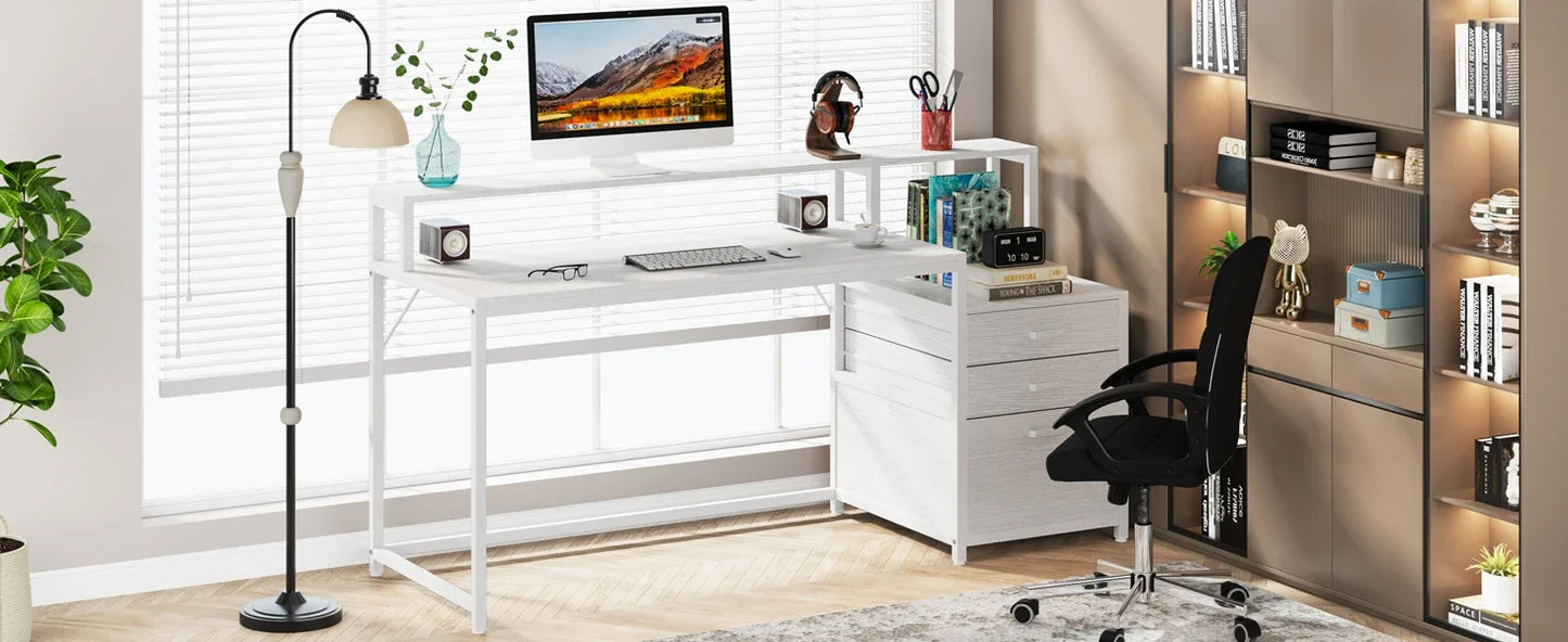 Tribesigns 63 Inch Computer Desk with File Drawer Cabinet, Ergonomic Office Desk with Monitor Stand, Industrial Computer Table