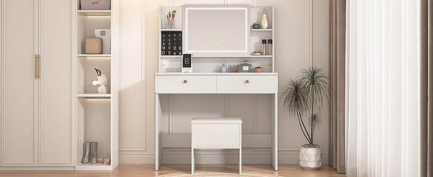 Vanity Desk with Mirror and Lights Dressers 2 Drawers Storage Bench White Makeup Table 3 Light Modes for Bedroom Dressing Room