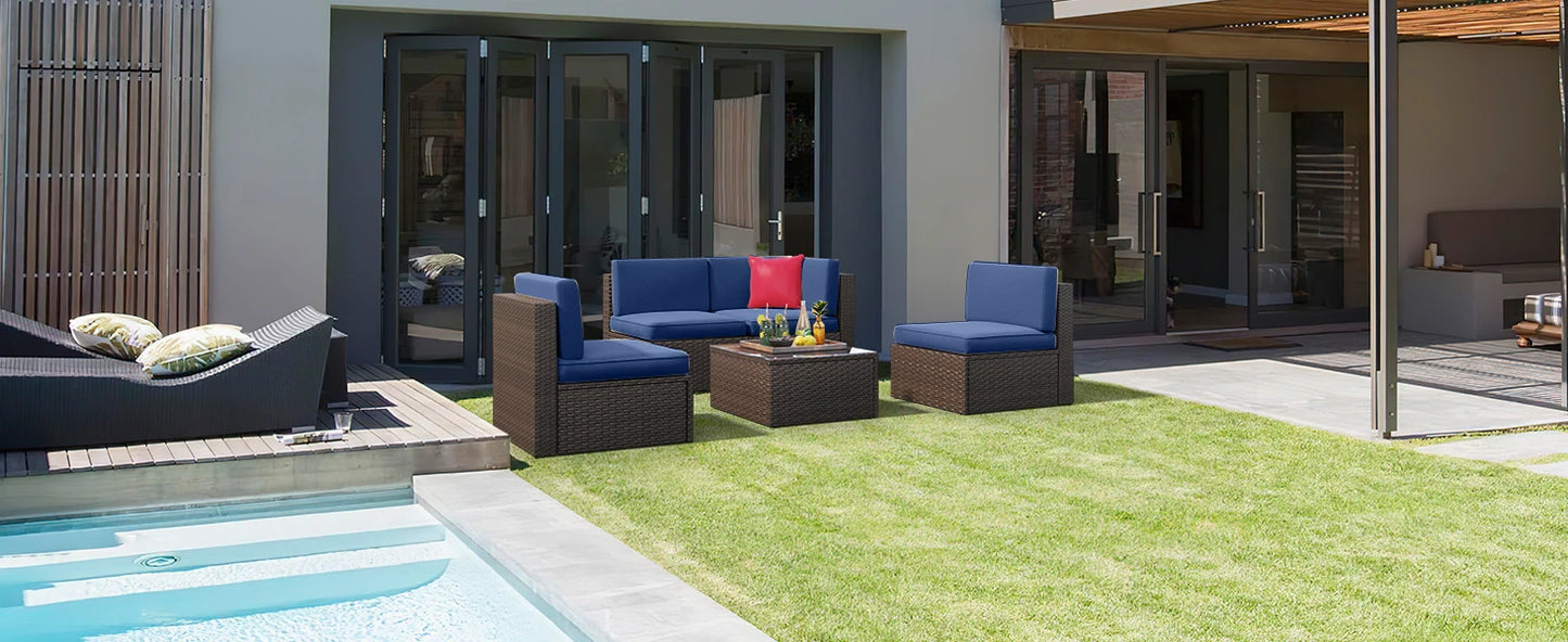 5 Pieces Wicker Patio Furniture Sets with Washable Cushions & Glass Coffee Table for Children, Girls and People in Small Size