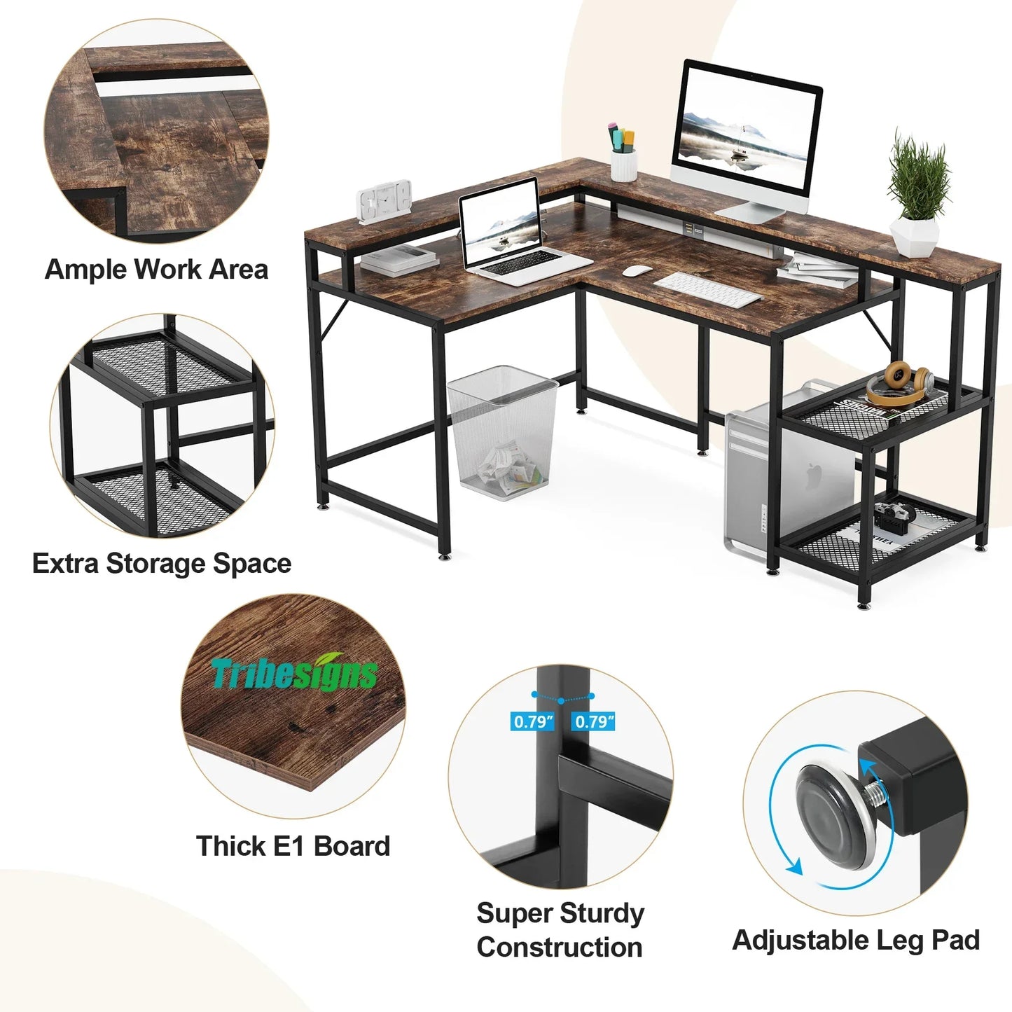 Tribesigns 69 Inch L Shaped Desk with Monitor Stand Large Reversible Corner Desk with Storage Shelf Industrial Computer Table