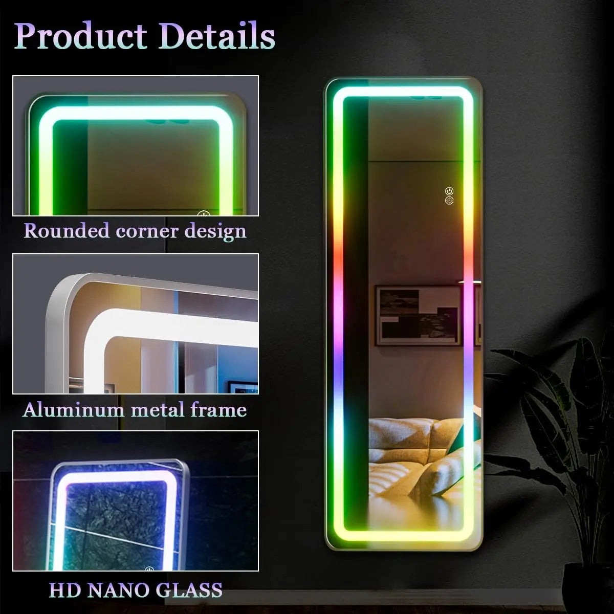 RGB Full Length Mirror, 60"x16" Full Body Mirror with LED Lights, Dimming & 7 Color Changing Lighting, Wall Mounted Hanging Mirr