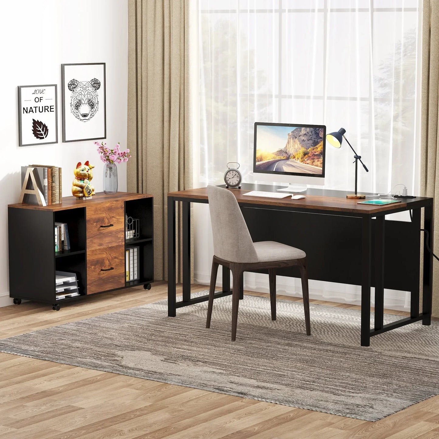 Tribesigns L-Shaped Computer Desk with Power Outlet and Drawer Cabinet with 40 inch Lateral File Cabinet