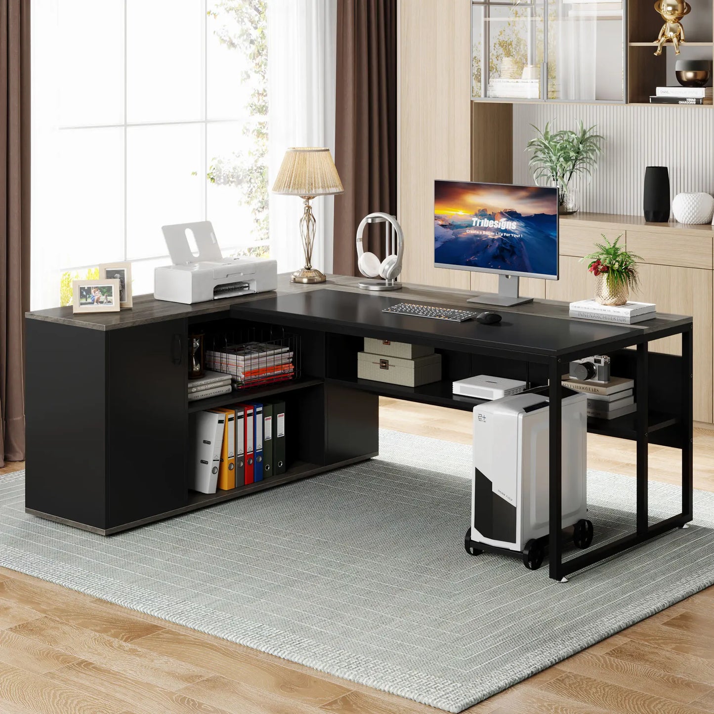 Tribesigns 71 inch Executive Desk, L Shaped Desk with Cabinet Storage, Executive Office Desk with Shelves