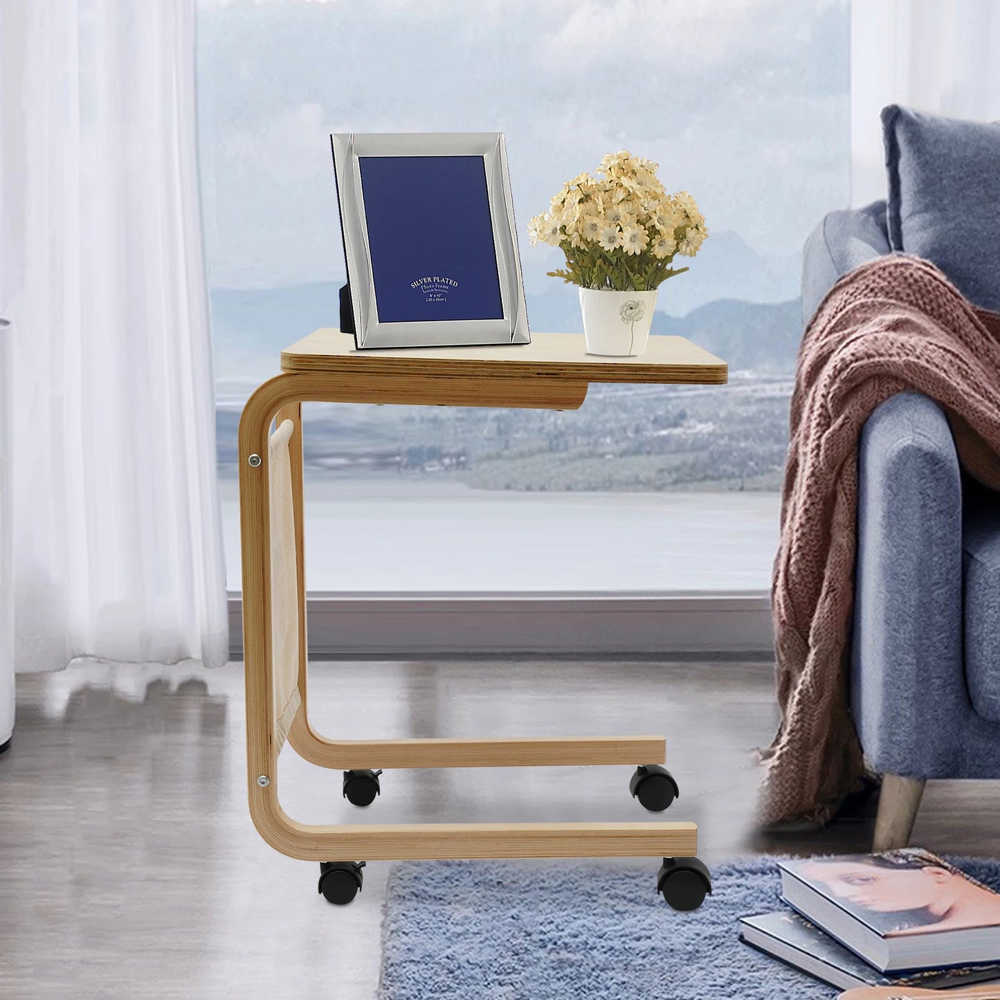 CNCEST Side Table End Table Vintage C Shaped Couch Table with Wheel for Sofa Laptop Coffee Snack Solid Wood Side Table