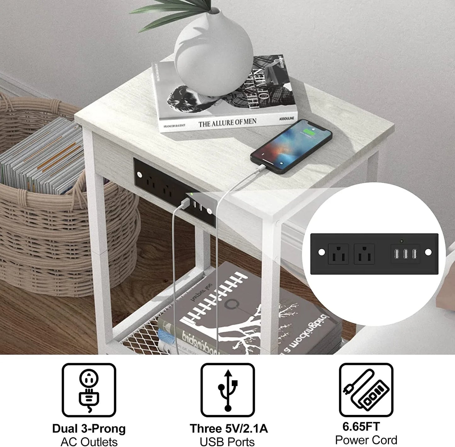 Nightstands Set of 2 with Charging Station, 2 Tier Bedside Table with USB Ports and Outlets, Narrow End Table with Storage Shelf