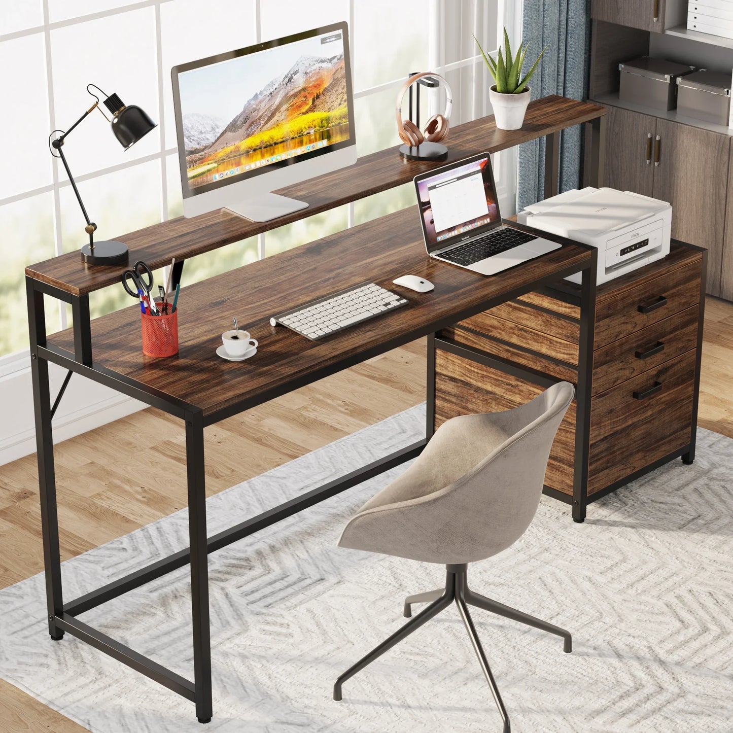 Tribesigns 63 Inch Computer Desk with File Drawer Cabinet, Ergonomic Office Desk with Monitor Stand, Industrial Computer Table