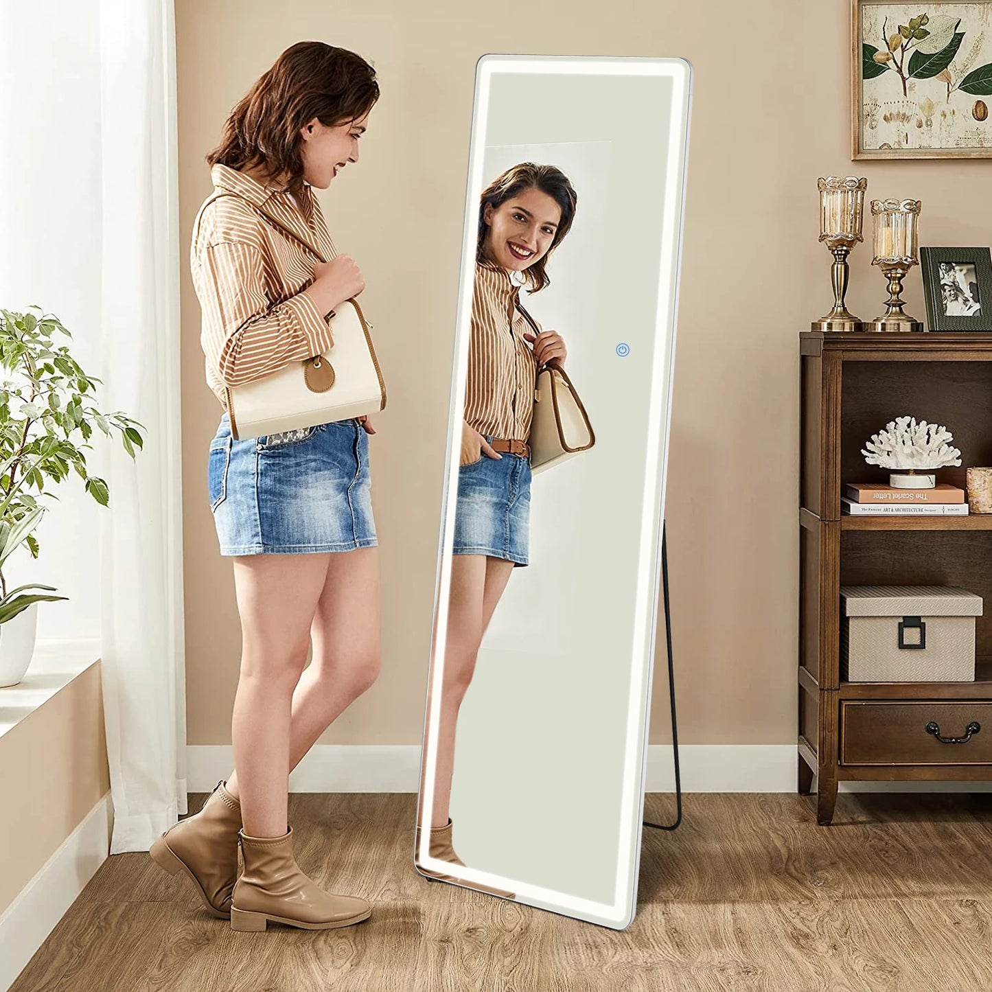 JHK Led 64"x21" Full Length Mirror Standing Hanging or Wall-Mounted Mirrors with Stand Aluminum Alloy Frame For Living Room