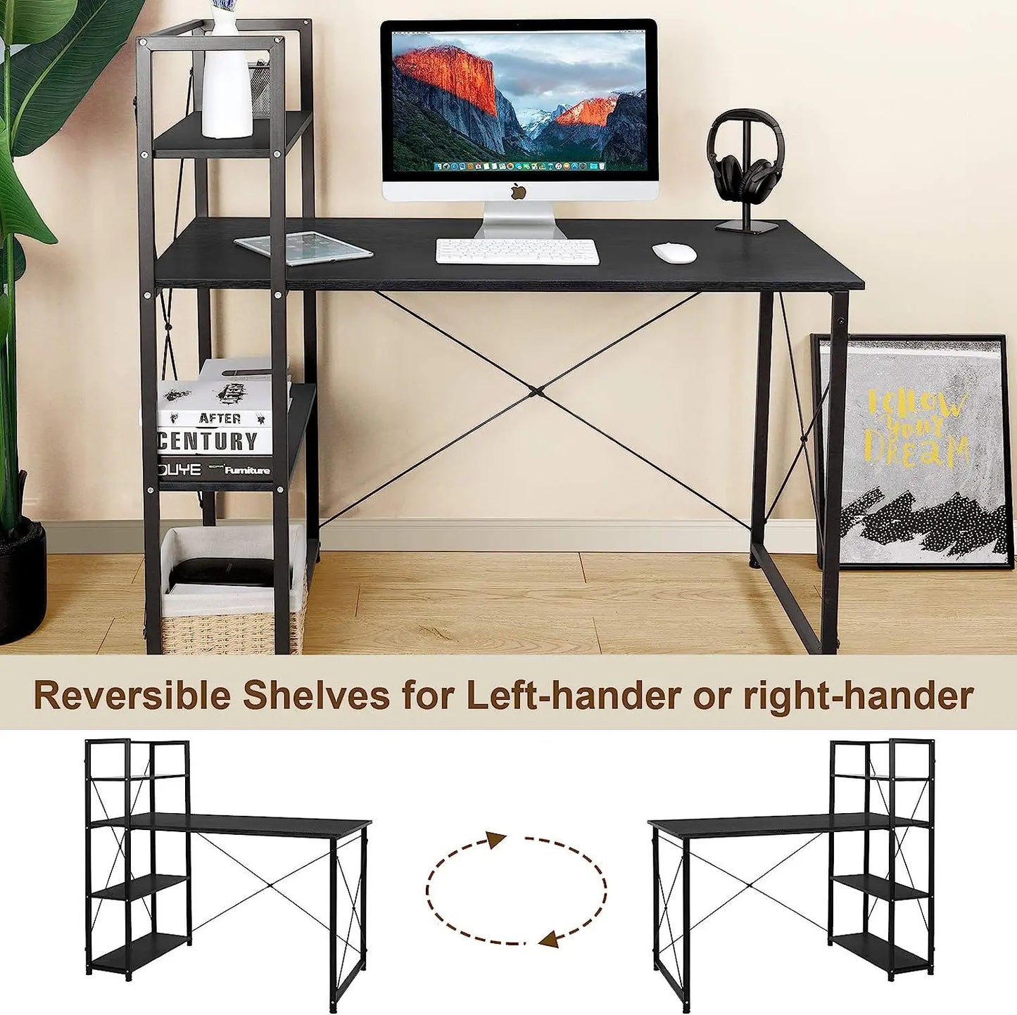 AOOU Computer Desk with 4 Tier Shelves, 47'' Study Writing Table for Home Office, Modern Compact Simple Workstation w/Reversible