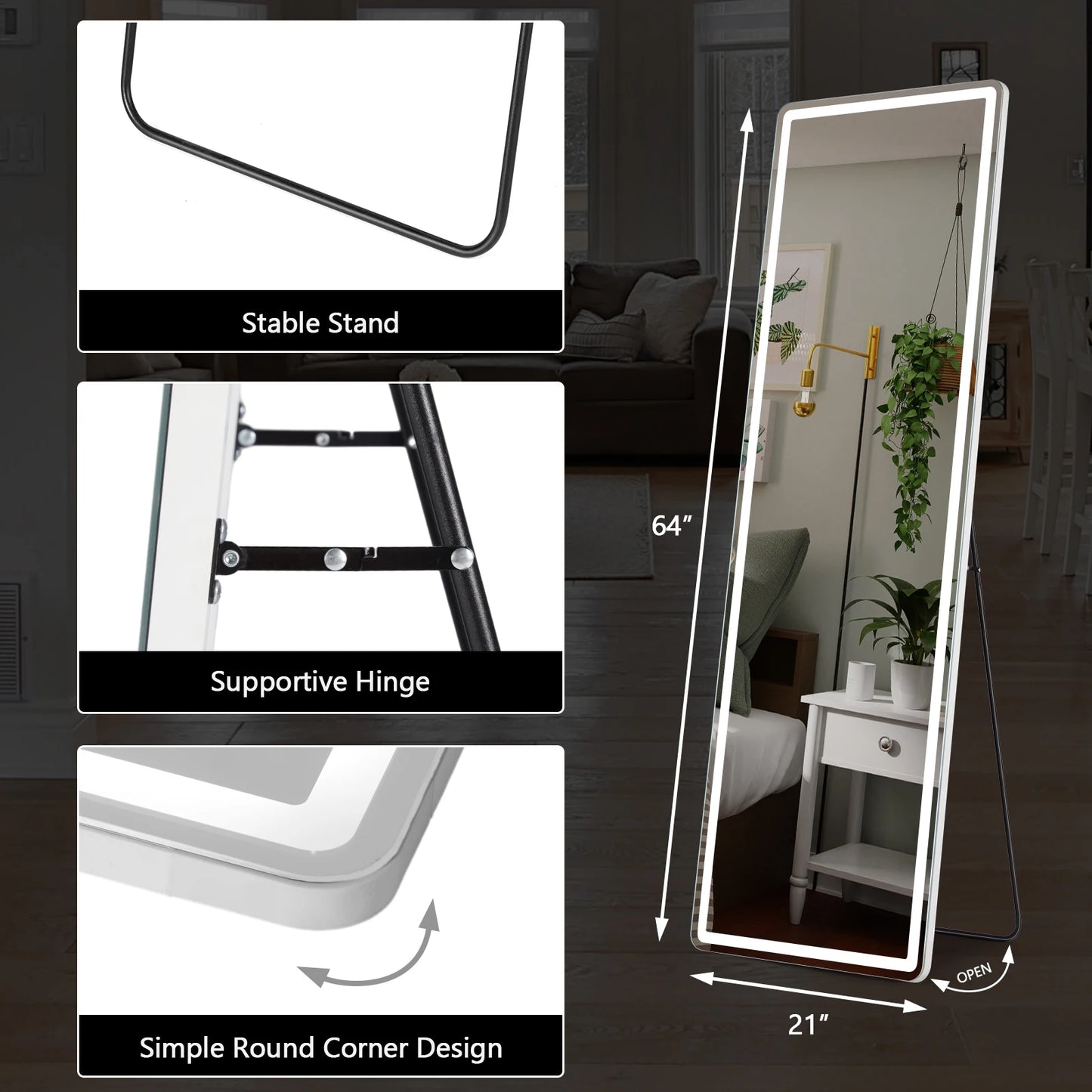 JHK Led 64"x21" Full Length Mirror Standing Hanging or Wall-Mounted Mirrors with Stand Aluminum Alloy Frame For Living Room