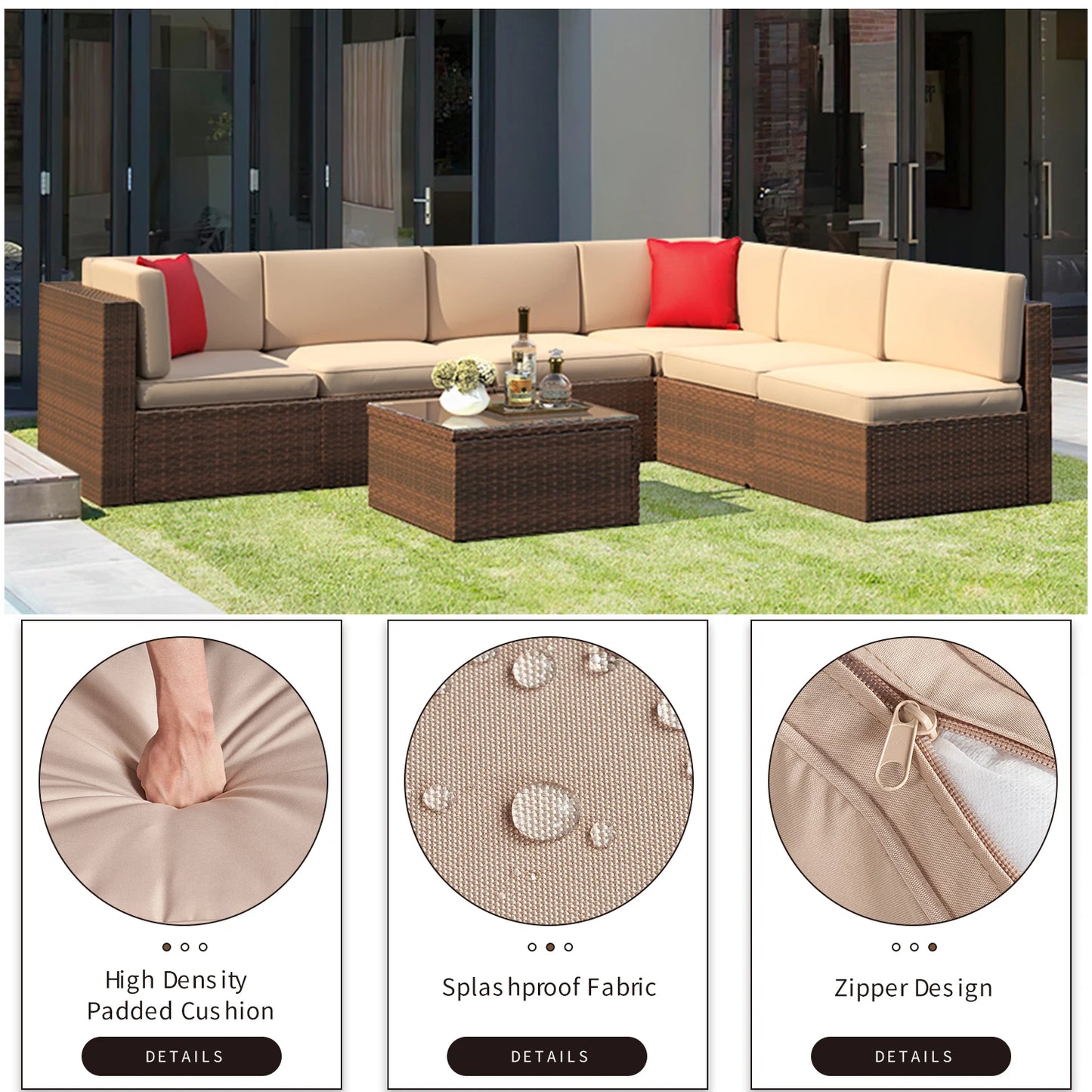 7 Pieces Patio Furniture Set, Outdoor Conversation Set Wicker Rattan Sectional Sofa with Coffee Table, for Garden, Backyard