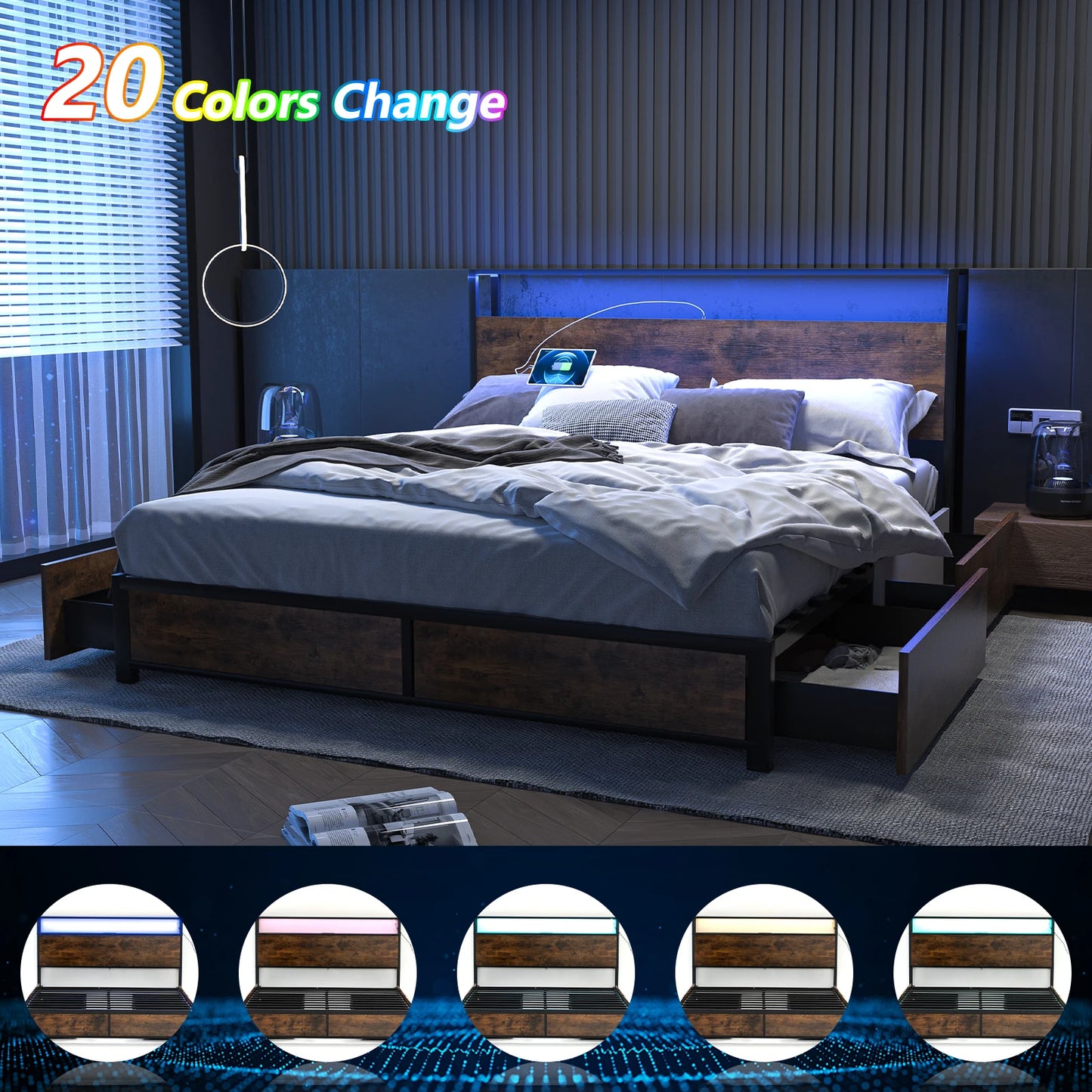 Queen/Full Bed Frame with Charging Station & Led Lights, Platform Bed Frame with 4 Storage Drawers and Headboard