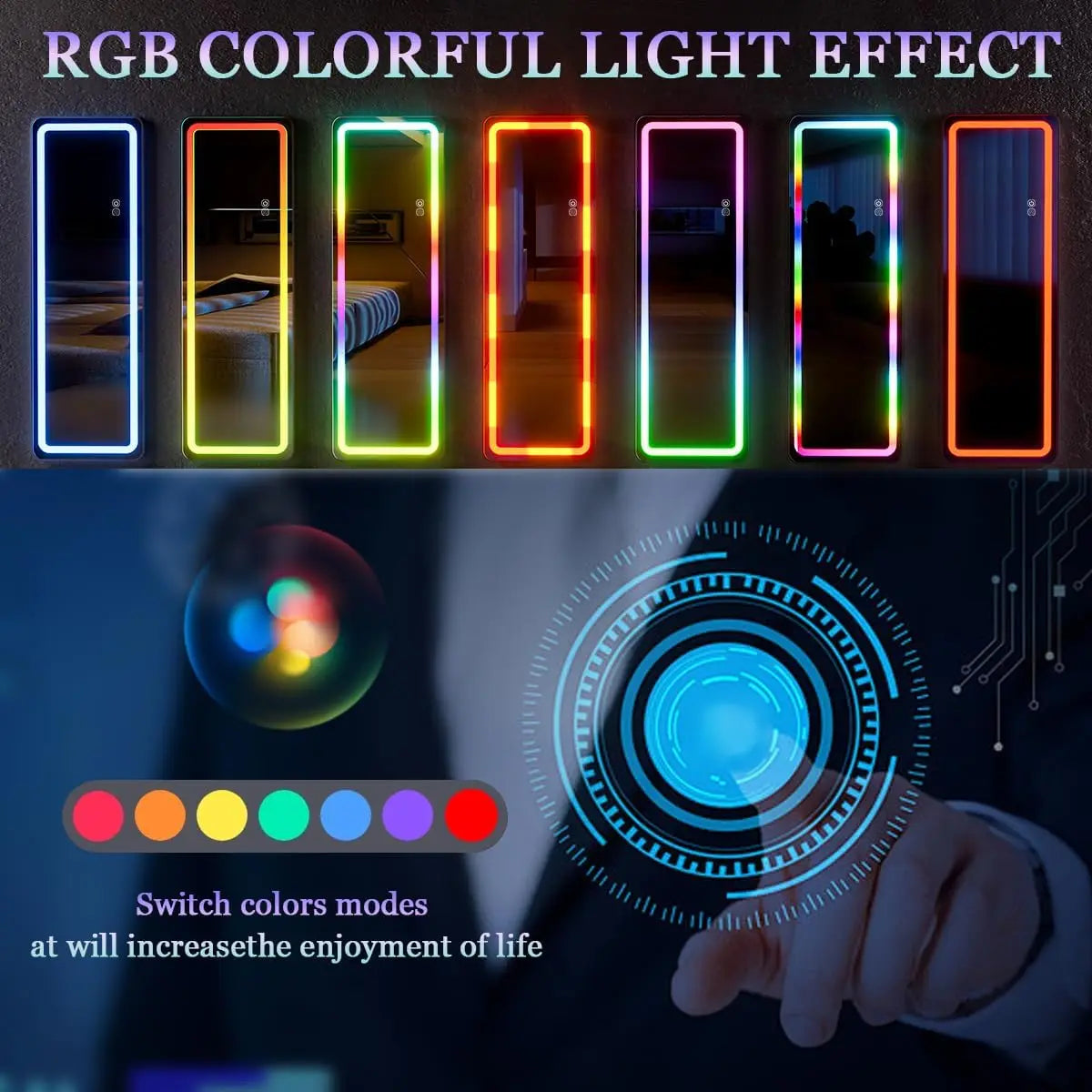 RGB Full Length Mirror, 60"x16" Full Body Mirror with LED Lights, Dimming & 7 Color Changing Lighting, Wall Mounted Hanging Mirr