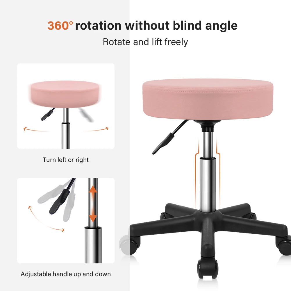 KKTONER Round Rolling Stool PU Leather Height Adjustable Swivel Drafting Work SPA Salon Stools Chair with Wheels (Pink)