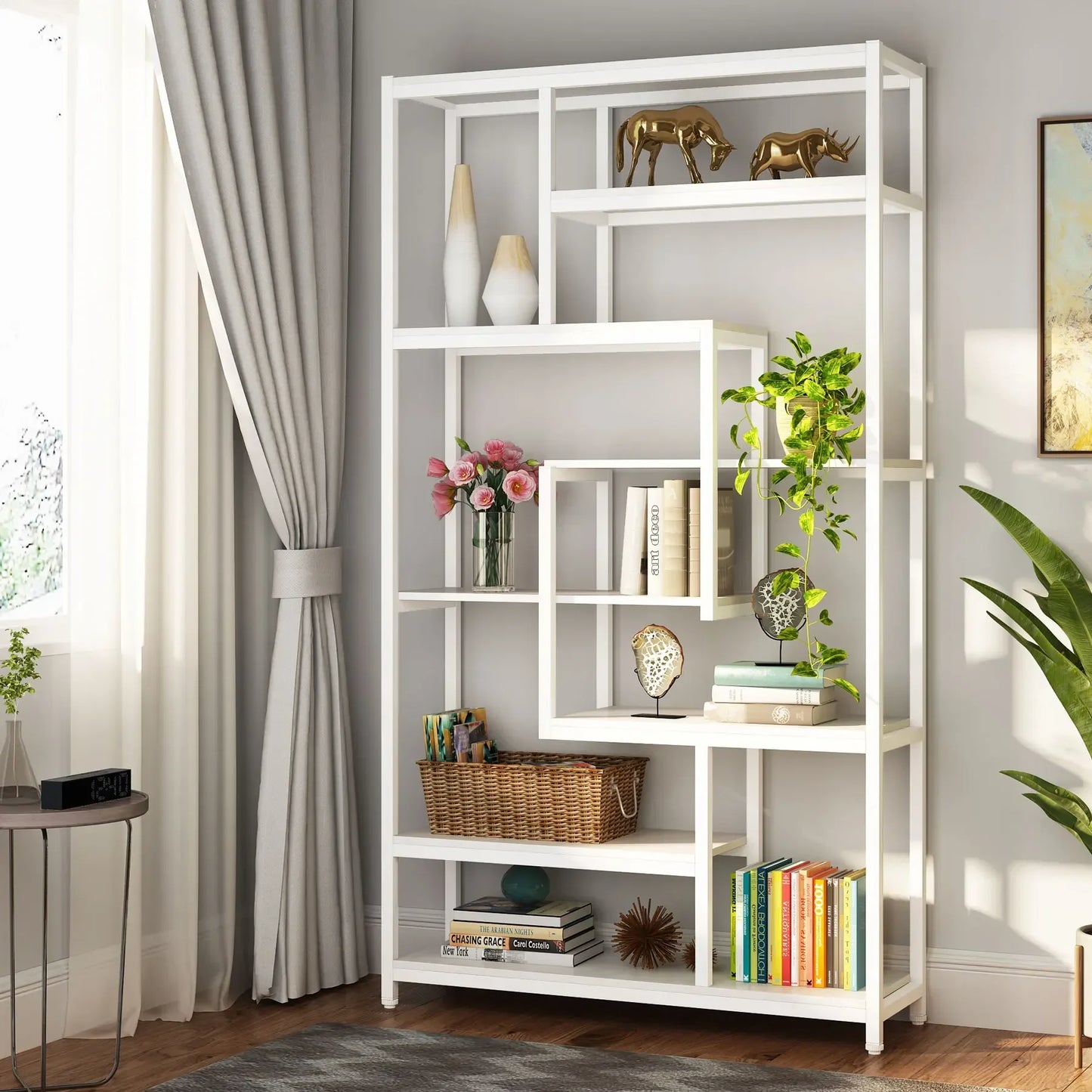 Tribesigns 8 Shelves Staggered Bookshelf White Morden Wooden Industrial Etagere Bookcase