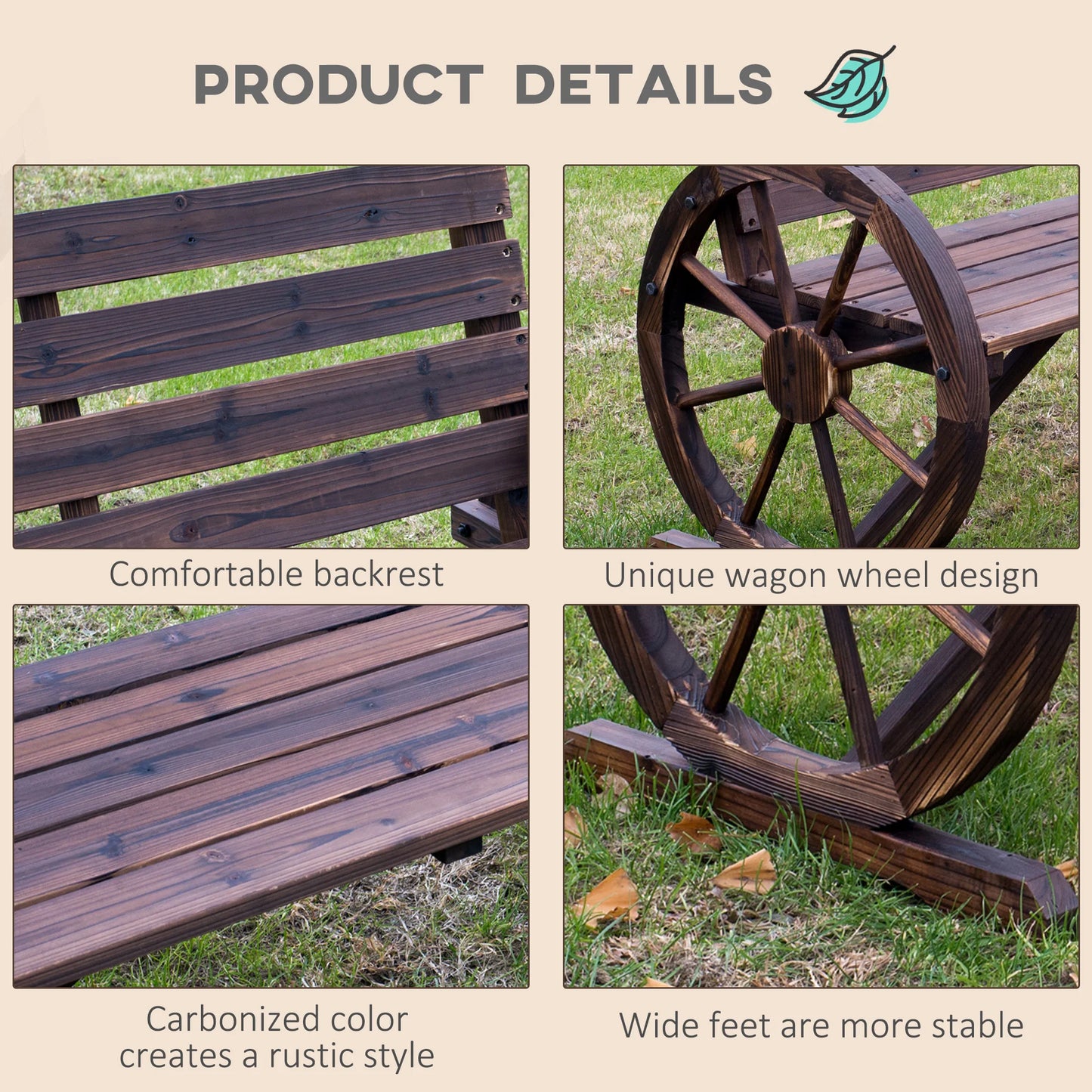 Wagon Wheel Bench, Wooden Outdoor Garden Accent Chair Loveseat, Carbonized