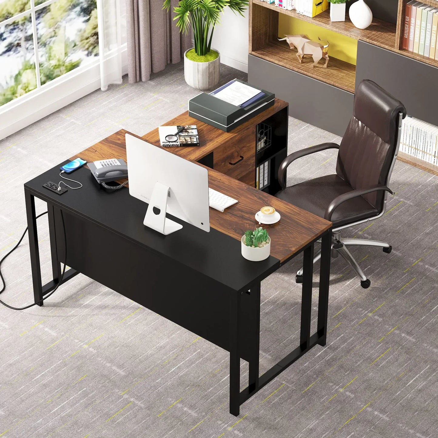 Tribesigns L-Shaped Computer Desk with Power Outlet and Drawer Cabinet with 40 inch Lateral File Cabinet