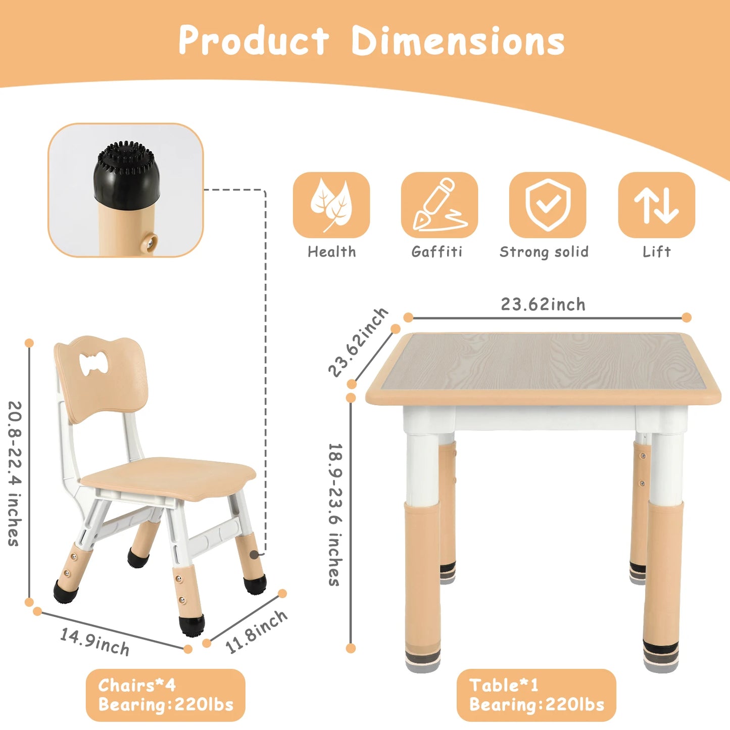 AOOU 47.2‘’ Kid Table and 4 Chairs Set, Height Adjustable Toddler Study Table&Chair Set for Age 2-10, Multi-Activity Art Table