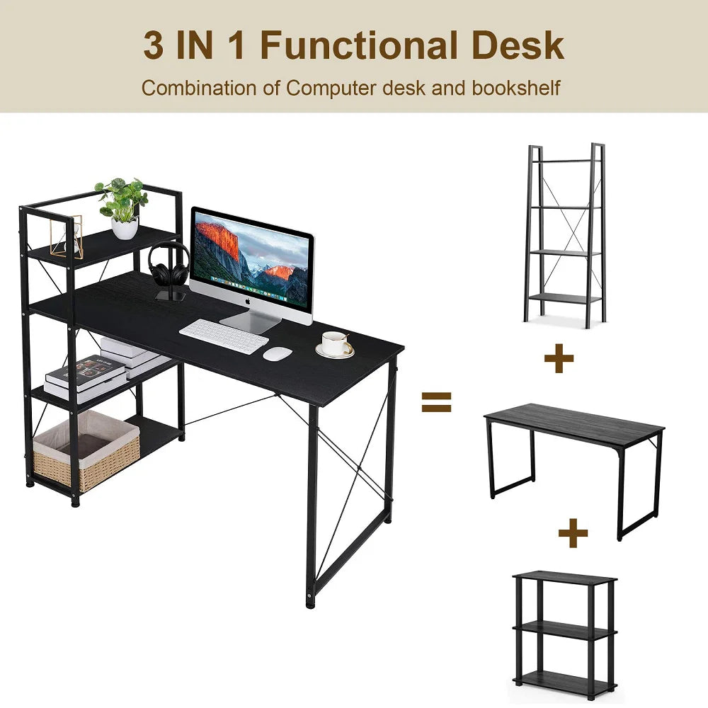 AOOU Computer Desk with 4 Tier Shelves, 47'' Study Writing Table for Home Office, Modern Compact Simple Workstation w/Reversible