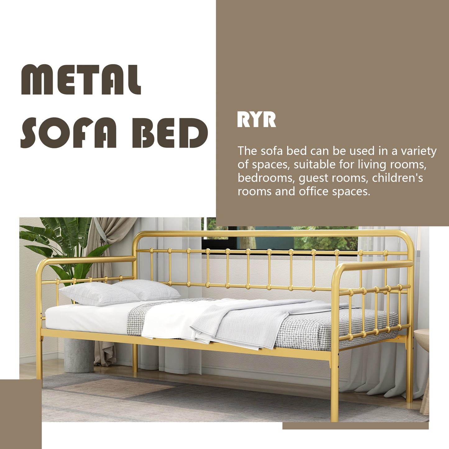 Victorian Twin Metal Daybed Frame Steel Slat Support Platform Mattress Foundation Sofa Bed for Living Room Guest Room Black