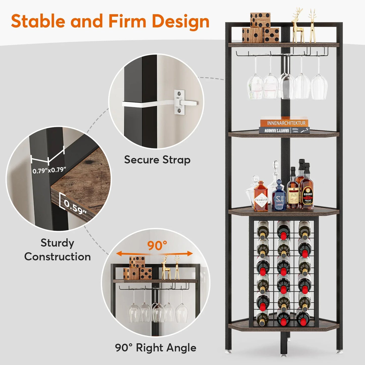 Tribesigns Wine Rack Bar Cabinet 4 Tier Corner Shelf with Glass Holder