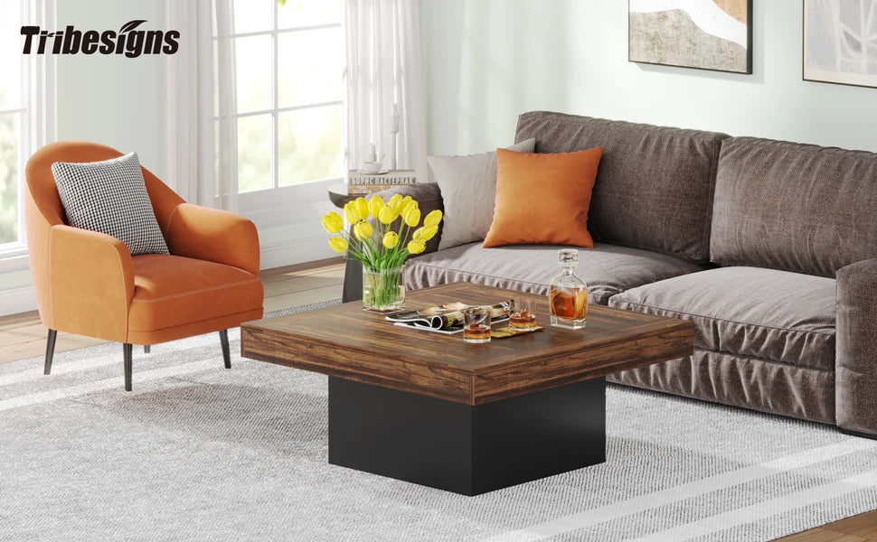 Tribesigns Coffee Table Square LED Coffee Table Engineered Wood Low Coffee Table for Living Room Rustic Brown & Black