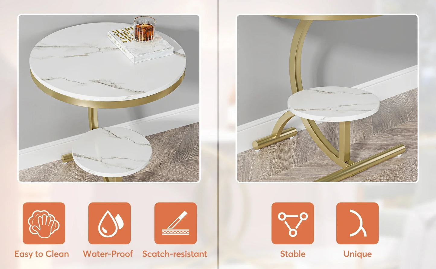 Tribesigns Faux Marble End Table, 2-Tier Round Sofa Side Table, 20'' Beside Table Storage Shelf C-Shaped Legs, Coffee Table