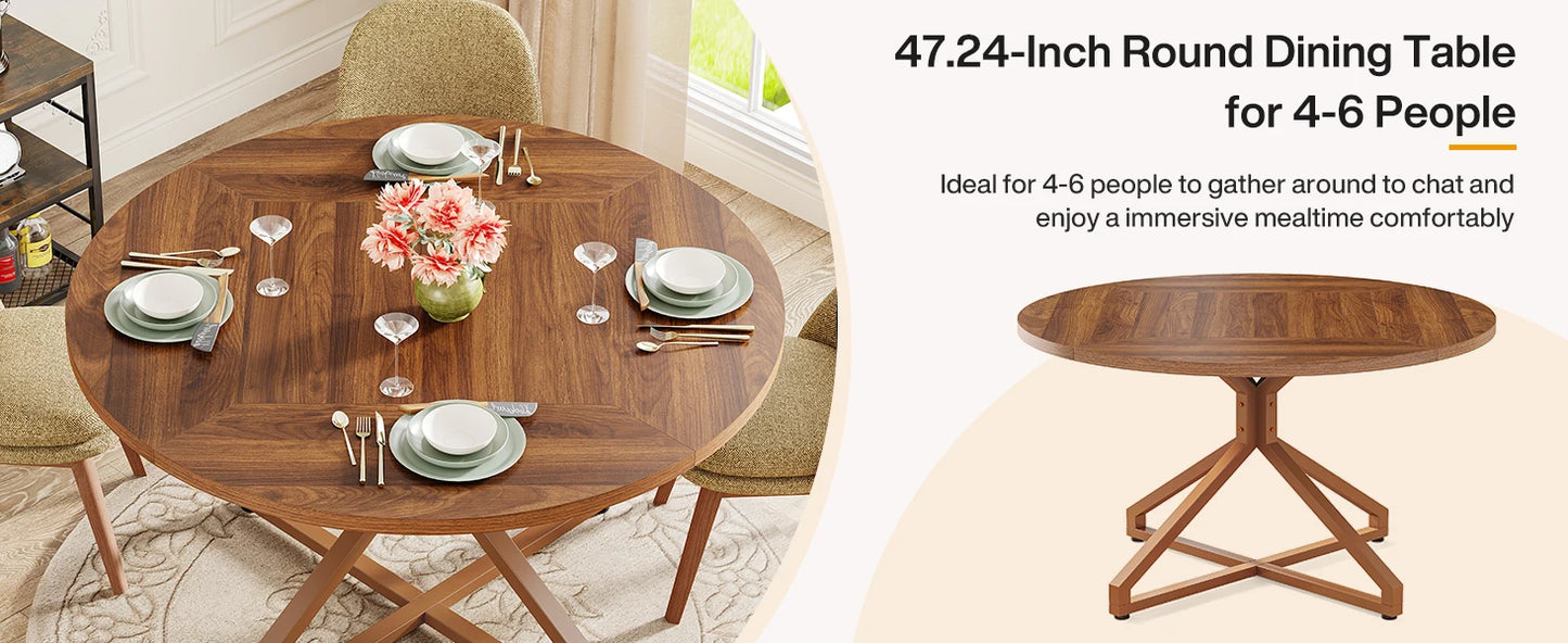 Tribesigns Round Dining Table for 4-6 People, 47-Inch Circle Kitchen Table Dining Room Table with Metal Pedestal Base