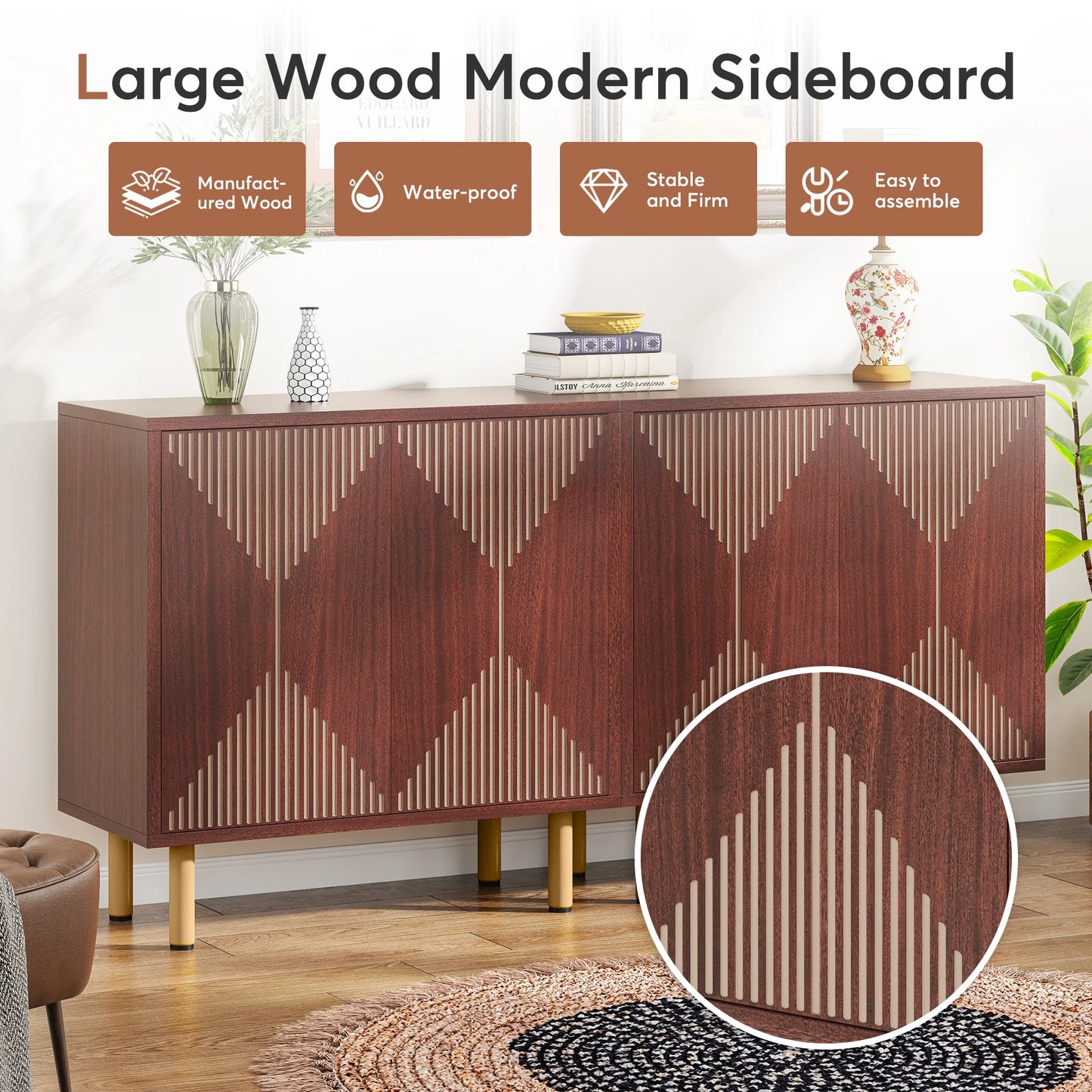 Tribesigns Modern Natural Storage Cabinet, Freestanding Floor Cabinet, 59 inches Sideboard, Wood Buffet Cabinet