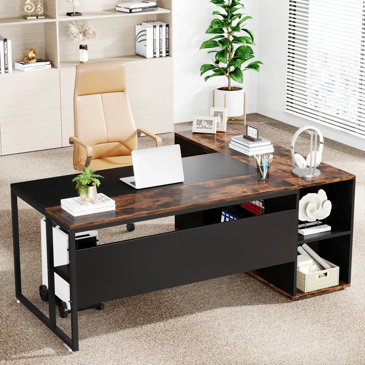 Tribesigns 71 inch Executive Desk, L Shaped Desk with Cabinet Storage, Executive Office Desk with Shelves