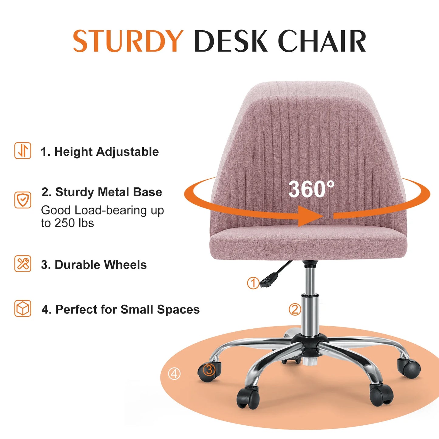 JHK Armless Small Desk Office Chair Cute Vanity Swivel Chair with Back Modern Fabric with Wheels Swivel Task Home Computer Chair