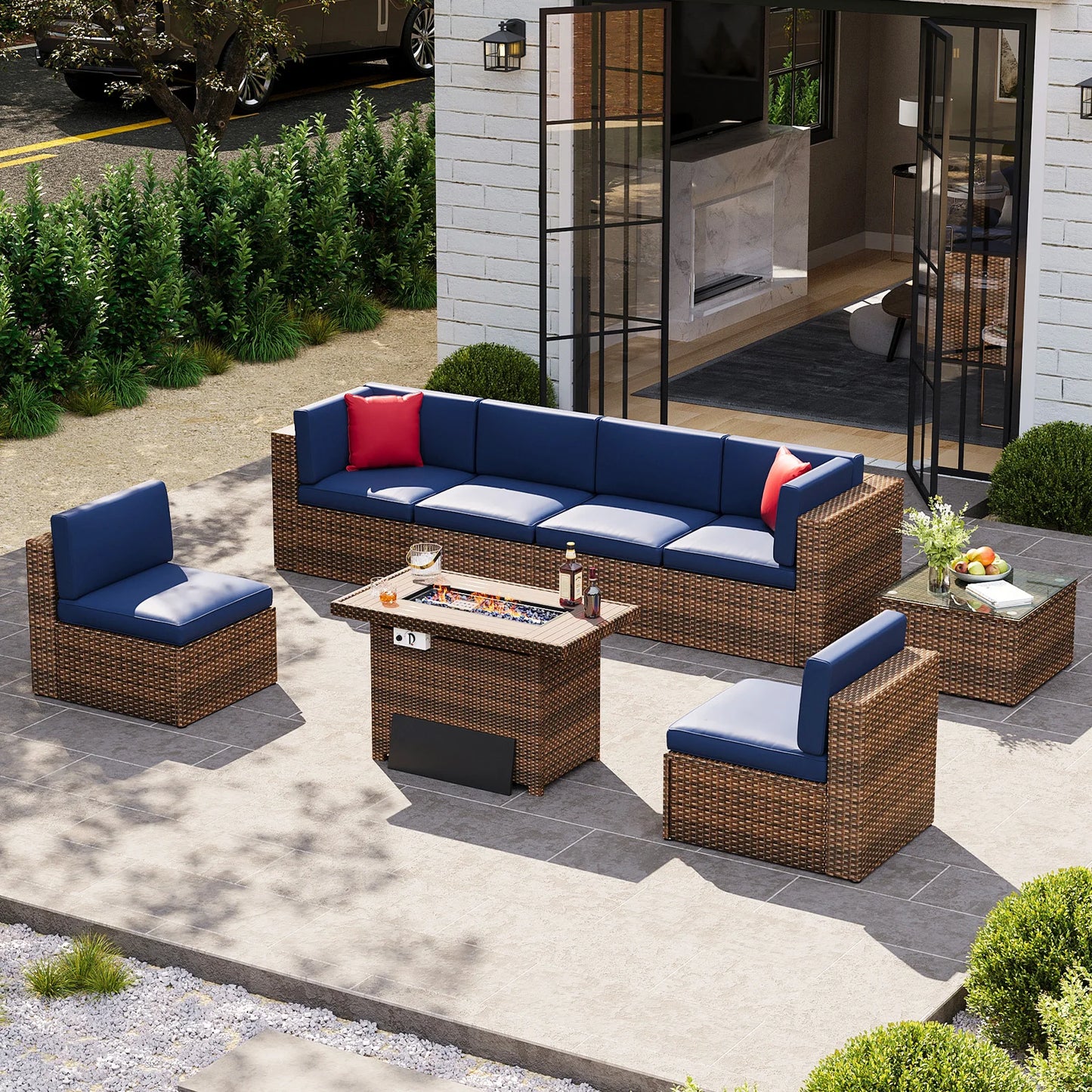 8-Piece Patio Furniture Set with 40” Fire Pit Table Wicker Rattan Conversation Set Removable Cushions and Tempered Coffee table