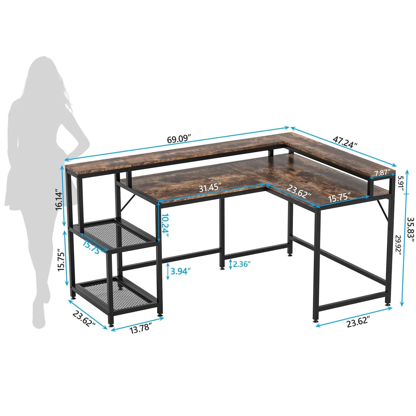 Tribesigns 69 Inch L Shaped Desk with Monitor Stand Large Reversible Corner Desk with Storage Shelf Industrial Computer Table