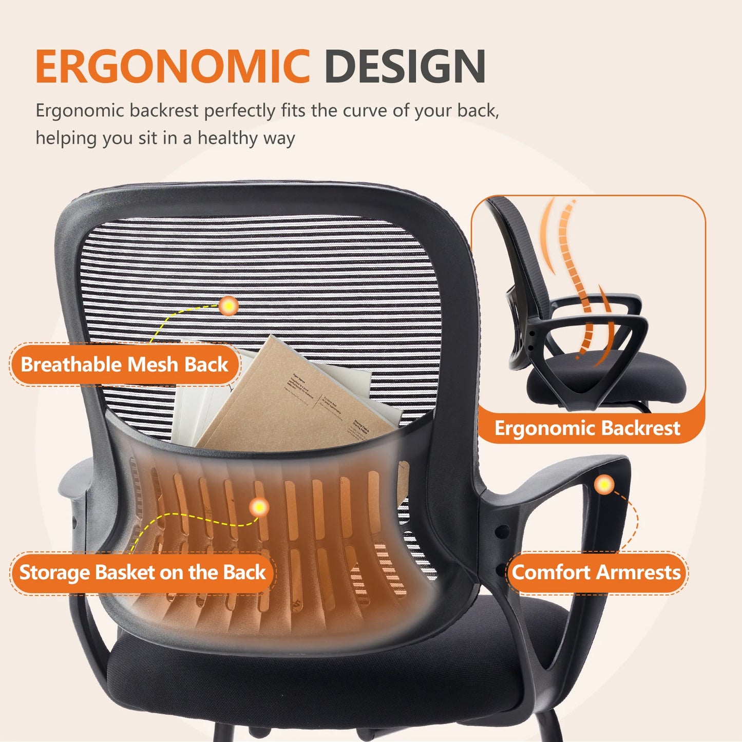 JHK Ergonomic Office Chair No Wheels with Comfy Armrest and Mesh Lumbar Support Back Basket Design for Guest Reception